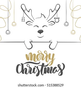Vector illustration: Merry Christmas lettering. Cartoon hand drawn deer with christmas balls and blank banner.