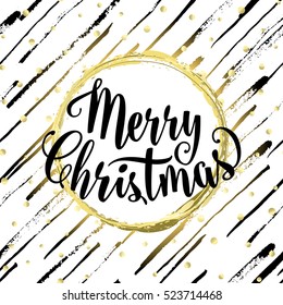 Vector illustration of merry christmas lettering text sign. Hand drawn holiday congratulation greeting card for xmas design. Christmas text decoration isolated on stripes background with gold dots