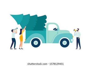 vector illustration. merry christmas and new year. Vintage pickup with Christmas tree in the trunk. retro christmas car