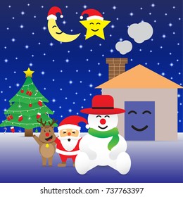 Vector Illustration Of Merry Christmas Night, Six Friends, Cute Reindeer, Crescent Moon, Star, House, Plump Santa Claus,  And Chubby Snowman Is Being  Together Happily With Decorated Christmas Tree.