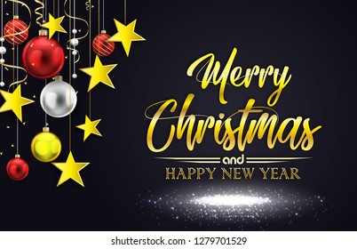 Vector illustration of Merry Christmas on black background with star and light