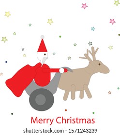 Vector illustration Merry Christmas on white background with greeting, Santa with deers.