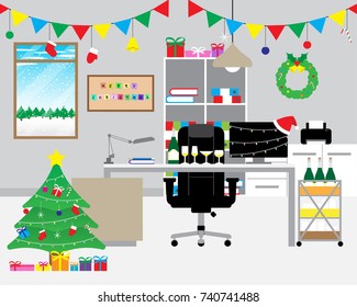 Vector Illustration Of Merry Christmas Party Decoration In The Office, Work Space By Buntings, Stuffs, Wreath, Tree, Lights, Gift Boxes, Some Champagne, Sticky Notes On The Board During Winter Season