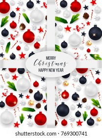 Vector illustration of merry christmas party poster - christmas - with stars, sparkles, snowflakes, balls, branches, wreath, tree. Xmas cover for menu, flyer, poster, card, banner. Happy new year.