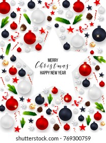 Vector illustration of merry christmas party poster - christmas - with stars, sparkles, snowflakes, balls, branches, wreath, tree. Xmas cover for menu, flyer, poster, card, banner. Happy new year.