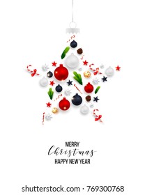Vector illustration of merry christmas party poster - christmas - with stars, sparkles, snowflakes, balls, branches, wreath, tree. Xmas cover for menu, flyer, poster, card, banner. Happy new year.