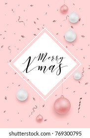 Vector illustration of merry christmas party poster - christmas - with stars, sparkles, snowflakes, balls, branches, wreath, tree. Xmas cover for menu, flyer, poster, card, banner. Happy new year.
