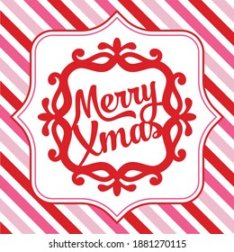 A vector illustration of merry christmas phrase ornate frame paper cut against a colorful christmas theme pink and red stripe background.