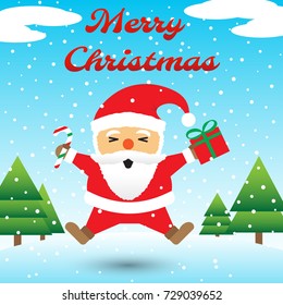 Vector Illustration Of Merry Christmas, Red Chubby Santa Claus Is Holding A Candy Cane And A Gift Box And Jumping Happily Among Snow On Icy Ground With Blue Background And Christmas Trees 