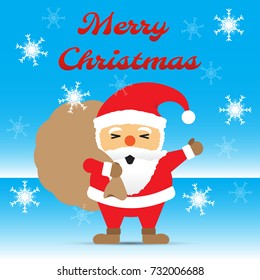 Vector Illustration Of Merry Christmas, Red Chubby Santa Claus Is Waving His Hand And Carrying A Brown Gift Bag Happily Standing Among Snow Flakes On Icy Ground With Blue, Winter Background