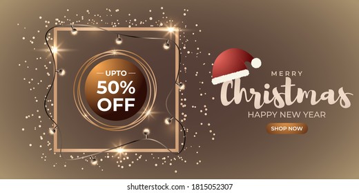 Vector illustration of Merry Christmas sale banner, square golden frame wrapped with christmas light balls, confetti and santa cap, happy new year, upto 50% off offer, shop now, template for websites.