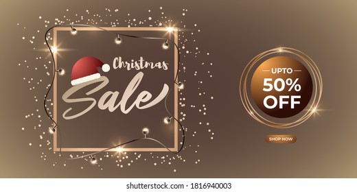 Vector illustration of Merry Christmas sale banner, square shiny golden frame wrapped with christmas light balls and confetti, santa cap, upto 50% off offer, shop now, Christmas sale template for webs