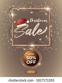 Vector illustration of Merry Christmas sale banner, square shiny golden frame wrapped with christmas light balls and confetti, santa cap, upto 50% off offer, shop now, Christmas sale template for webs