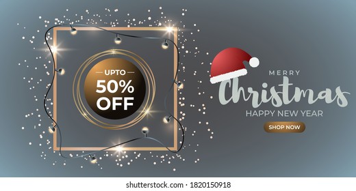 Vector illustration of Merry Christmas sale banner, square golden frame wrapped with christmas light balls, confetti and santa cap, happy new year, upto 50% off offer, shop now, template for websites.