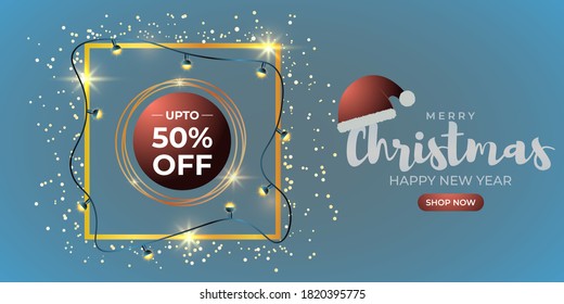 Vector illustration of Merry Christmas sale banner, square golden frame wrapped with christmas light balls, confetti and santa cap, happy new year, upto 50% off offer, shop now, template for websites.