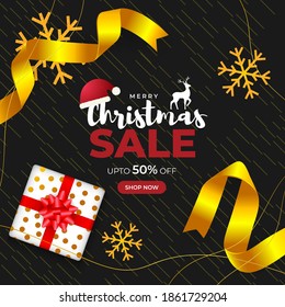 Vector illustration of Merry Christmas sale banner, winter sale banner  golden ribbon, Santa cap, happy new year, shop now, template for websites, up to 50% off 