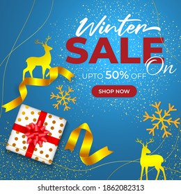 Vector illustration of Merry Christmas sale banner, winter sale banner  golden ribbon, Santa cap, happy new year, shop now, template for websites, up to 50% off 