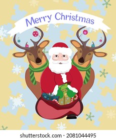 Vector illustration of Merry Christmas with Santa Claus and reindeer.