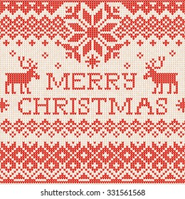 Vector illustration Merry Christmas: Scandinavian or russian style knitted embroidery pattern with borders and deers. White,  red  colors. Flat style