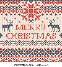 Vector illustration Merry Christmas: Scandinavian or russian style knitted embroidery pattern with borders and deers. White, blue, red  colors. Flat style