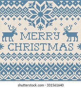 Vector illustration Merry Christmas: Scandinavian or russian style knitted embroidery pattern with borders and deers. White, blue colors. Flat style