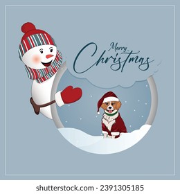 Vector illustration Merry Christmas with snowman and cute dog wearing Santa dress Post Template
