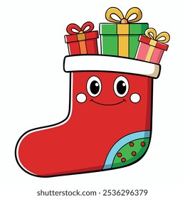 Vector illustration of a Merry Christmas stocking overflowing with treats. Ideal for holiday-themed designs, seasonal decorations, Christmas cards, and festive merchandise