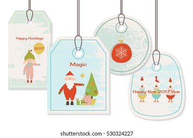 Vector illustration of Merry Christmas tag. Collection of greeting card with Roosters, Santa Claus, christmas toy and elf. Isolated on white background.