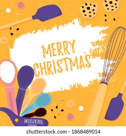 Vector Illustration. Merry Christmas template card for bakery. Compostition with chocolate crackers, ink flour, measuring spoons. Grreeting banner