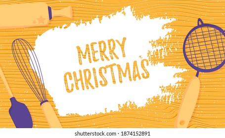 Vektorgrafik. Frohe Weihnachtsgeschenkkarte für Bäckerei. Komposition mit Holz-Draufsicht Backnadel und Werkzeuge, Tintenmehl. Gratibanner