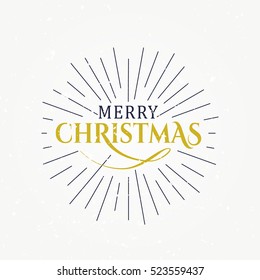 Vector illustration of Merry Christmas vector text typography design card template. Retro graphic Christmas element for holiday greeting gift poster with rays. Font style banner with sunburst