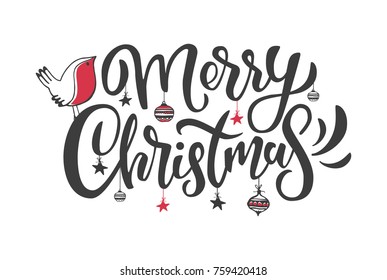 Vector illustration of Merry Christmas text with bird and ornaments for party invitation/ greeting card/ banner. Handwritten holiday calligraphy lettering Merry Christmas poster/ tag/ badge template