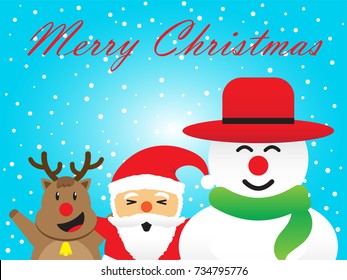 Vector Illustration Of Merry Christmas, Three Companions, Cute Reindeer, Plump Santa Claus,  And Chubby Snowman Is Standing Together Happily Among Snow On Blue Background Greeting For Winter, Holiday.