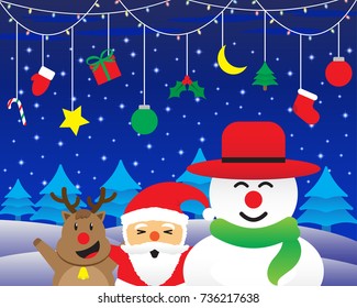 Vector Illustration Of Merry Christmas, Three Friends, Cute Reindeer, Plump Santa Claus,  And Chubby Snowman Is Standing Happily Under Christmas Lights And Hanging Stuffs On Snowy Ground At  Night.