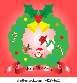 Vector Illustration Of Merry Christmas, Three Friends, Cute Reindeer, Plump Santa Claus,  And Chubby Snowman Is Leaning Out Of Center Of Green Wreath Happily With Shinning Red Ribbon On Red Background