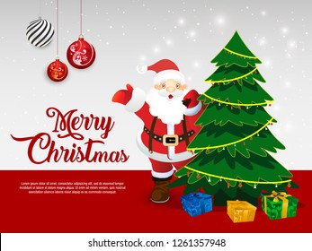 vector illustration of merry Christmas with Christmas tree and santa for banner, card, website etc.