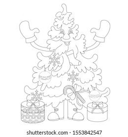 Vector illustration with a merry Christmas tree decorated for the holiday under which are boxes with gifts .Zenart. Anti-stress coloring.

