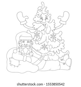 Vector illustration with a merry Christmas tree decorated for the holiday under which Santa Claus lies, leaning on a bag with gifts. Zenart. Anti-stress coloring.
