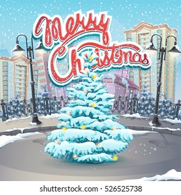 Vector illustration Merry Christmas with a Christmas tree. For print, create videos or web graphic design, user interface, card, poster.