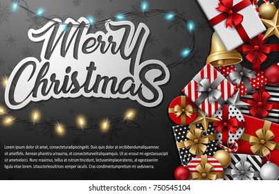 Vector illustration of Merry christmas typographical with different gift box and christmas elements on black background