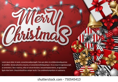 Vector illustration of Merry christmas typographical with different gift box and christmas elements on red background