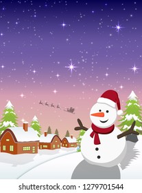 Vector illustration of Merry christmas typography on purple and pink background with snowman and house