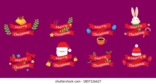 Vector illustration of Merry Christmas typography set, happy new year, logo, emblem, ribbon, santa claus, cap, gloves, jingle bells, stars, cute rabbit, christmas decoration, greeting, holiday poster,