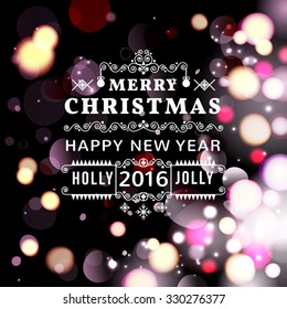 Vector illustration of Merry Christmas Typography Lettering Design Greeting Card on Bokeh background.  Vector illustration Happy New Year Happy Holidays Template.