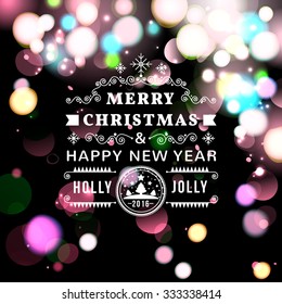 Vector illustration of Merry Christmas Typography Lettering Design Greeting Card on Bokeh background.  Vector illustration Happy New Year Happy Holidays Template.
