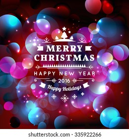 Vector illustration of Merry Christmas Typography Lettering Design Greeting Card on Bokeh background.  Vector illustration Happy New Year Happy Holidays Template.