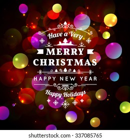 Vector illustration of Merry Christmas Typography Lettering Design Greeting Card on Bokeh background.  Vector illustration Happy New Year Happy Holidays Template.