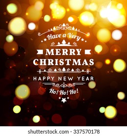 Vector illustration of Merry Christmas Typography Lettering Design Greeting Card on Bokeh background.  Vector illustration Happy New Year Happy Holidays Template.