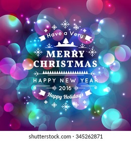 Vector illustration of Merry Christmas Typography Lettering Design Greeting Card on Bokeh background.  Vector illustration Happy New Year Happy Holidays Template.