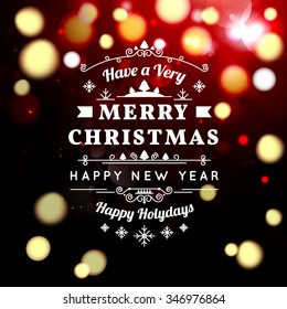 Vector illustration of Merry Christmas Typography Lettering Design Greeting Card on Bokeh background.  Vector illustration Happy New Year Happy Holidays Template.